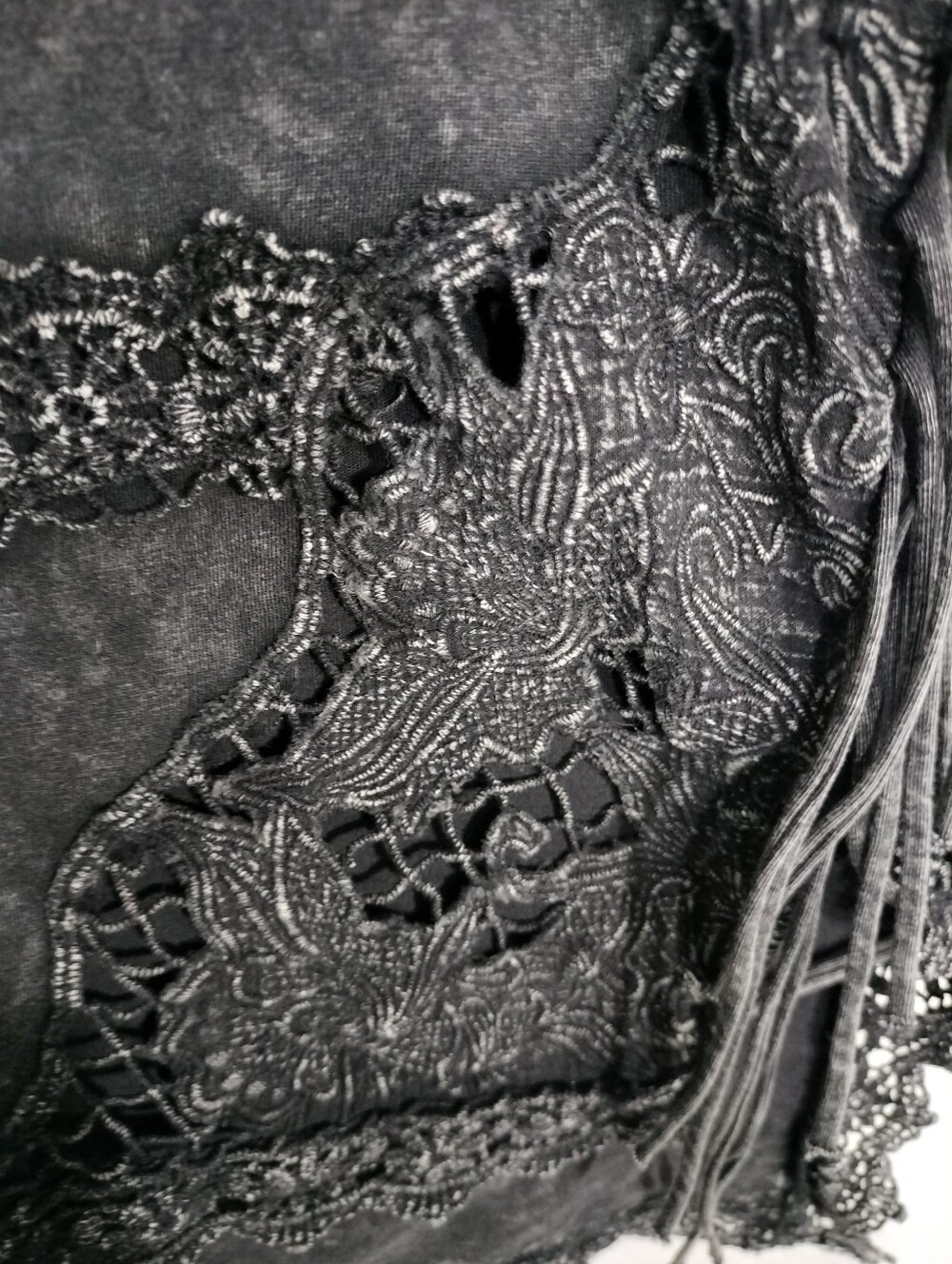 BKE Black Washed Short Sleeve Fringe Lace Tee - Picture 3 of 5